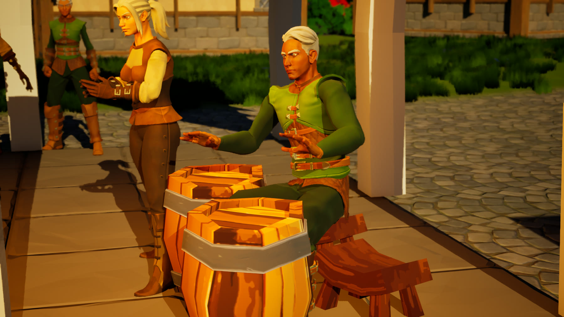 Drummers playing barrels at a village dance