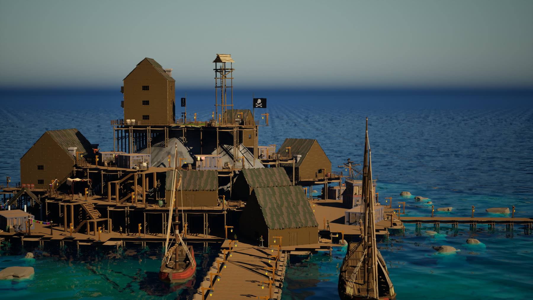 Lantern Rock in golden light with ships moored below